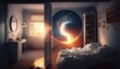 Bedroom, There is a door portal to another world. Energy flying lucid dreaming generative ai.