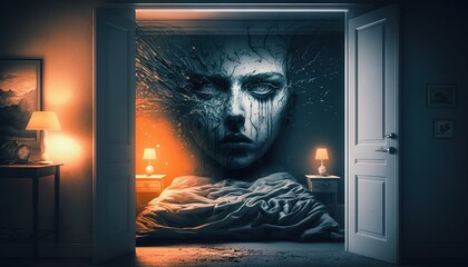 Wall Mural - bedroom. the big evil face of a woman watching. lucid dreaming generative ai.