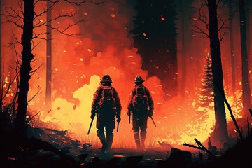 Firefighters fighting the fire. Firefighters fighting a forest fire. Generative AI