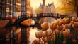 Blooming dutch tulips on background of Amsterdam canals. Based on Generative AI