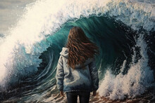The Girl Is Standing In Front Of The Tsunami Wave, Generative AI.