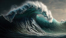 A Large Wave Of Water In The Sea, A Tsunami And A Large Amount Of Water Rises Up, Generative AI.