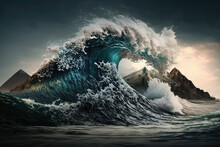 A Large Wave Of Water In The Sea, A Tsunami And A Large Amount Of Water Rises Up, Generative AI.