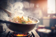 A wok full of delicious, freshly cooked noodles is releasing a plume of hot steam and aroma, ready to be enjoyed. AI generative