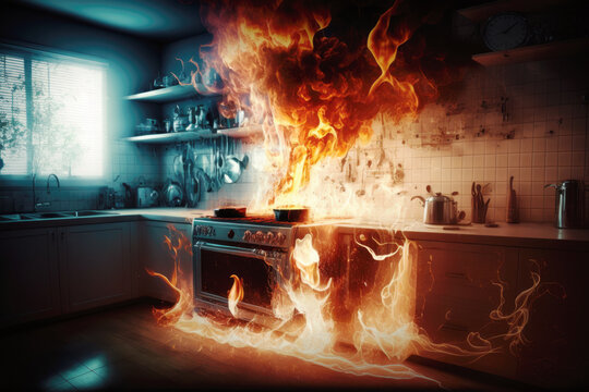 thick plumes of smoke and tongues of fire spewing from a kitchen, the result of an accident that has
