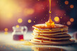 close-up photo of a stack of pancakes. A small pool of maple syrup or honey surrounds the stack, with drops of syrup clinging to the dessert. AI generative