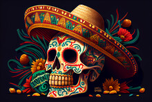 Cinco De Mayo / Day Of The Dead Mexican Skull Mascot,  Generative AI