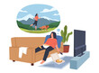 Lazy woman dreams. Female overweight character lying on sofa, eating pizza and dreams of leading an active lifestyle. Unhealthy eating, sedentary girl nowaday vector cartoon flat concept