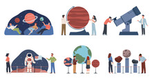 People In Planetarium. Visitors At Space Museum, Adults And Kids Study Astronomy, Planets Layouts, Starry Sky Projection, Telescope And Astronaut Suit, Nowaday Vector Cartoon Flat Set