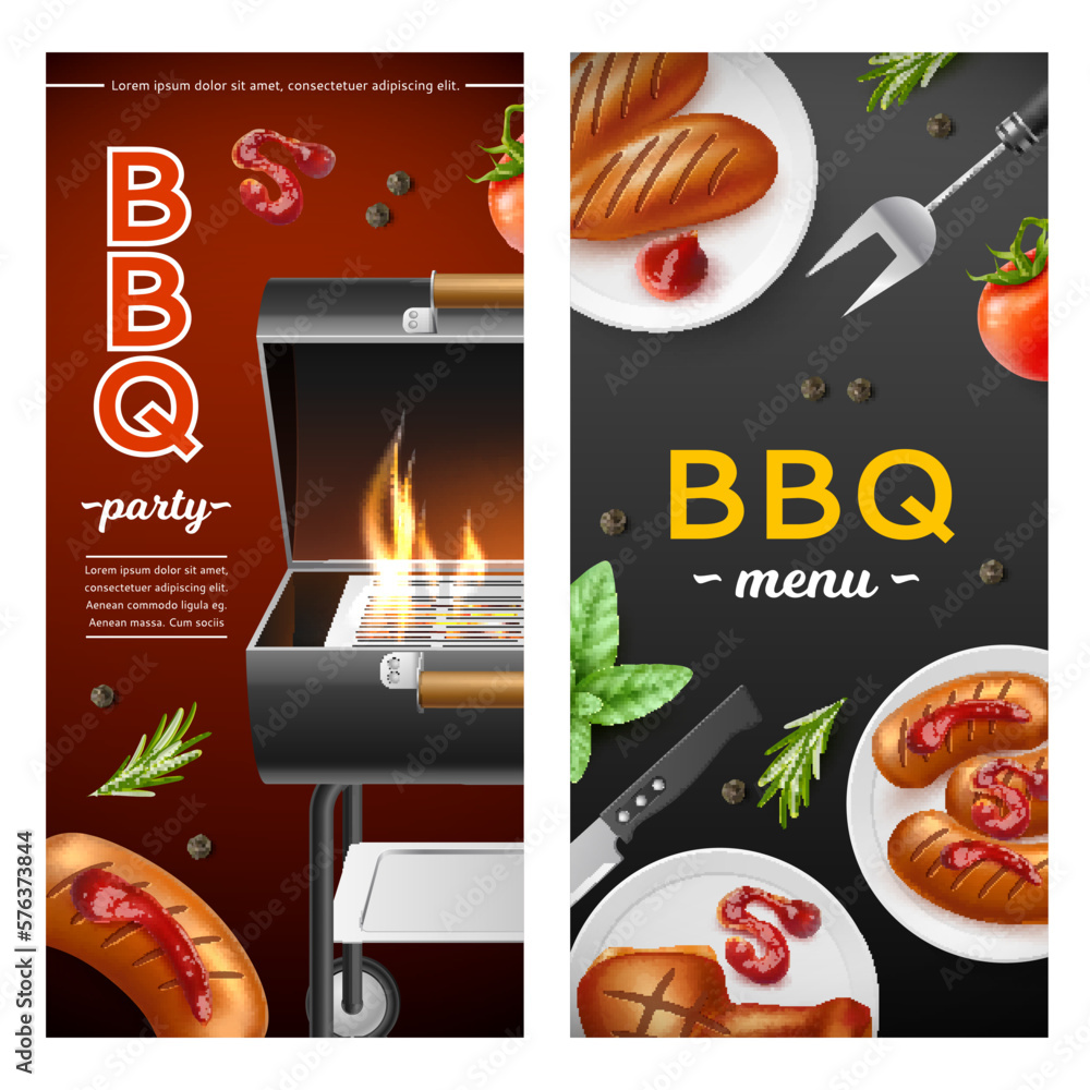 Realistic bbq grill vertical banners. Fried sausages and meat, tomato sauce, barbecue party posters, menu cover, burning coals, open flame, 3d isolated elements, utter vector concept set