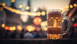 © Yeti Studio - Mug of fresh beer on an evening European street. Copy space. Based on Generative AI