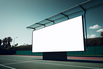 Poster - Realistic ilustration. Blank white billboard at the tennis court in the stadium. Generative ai