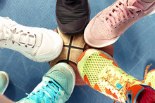 Sneakers Standing In The Circle, View From Above. Colorful Sneakers Standing In Circle.