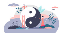 Yin And Yang Illustration, Transparent Background. Balance Symbol Flat Tiny Persons Concept. Chinese Opposite Forces Harmony Sign As Traditional Dualism Philosophy. Spiritual Peace Scene.