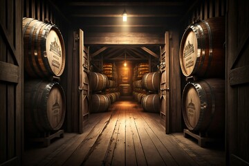 Alcohol barrel room interior. Generative AI