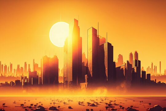 heatwave sun over a urban city, global warming. generative ai