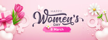Happy Women's Day Banners Gift Box Pink Bows Ribbon With Tulip Flowers And Butterfly, Heart, White Flower, Concept Design On Pink Background, EPS10 Vector Illustration.
