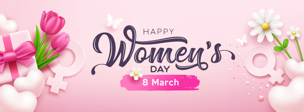 happy women's day banners gift box pink bows ribbon with tulip flowers and butterfly, heart, white f