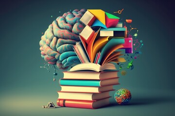 Colorful lightbulb brain with books and stationery, education concept, AI generated