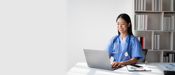 Female doctor consulting patient online from clinic office. Giving medical prescriptions by internet.