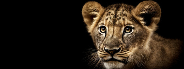 Close up, a head of a baby lion wildcat cub, on black background. Image of cat created with generative ai