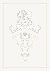 capricorn woman antique goddess zodiac horoscope astrology symbol line art deco poster design vector