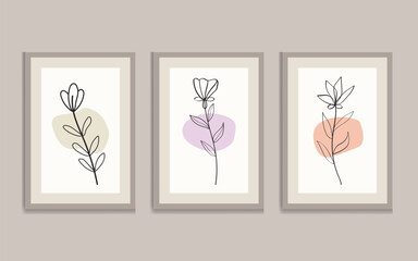 Wall Mural - flat design colorful wall art illustration set. botanical flowers wall art, line art, minimalist vec