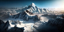Snowy Mountains Landscape, Snow On Mount Peaks, Blue Sky. Generative AI