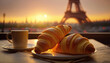 © Yeti Studio - Delicious french croissants on romantic background of Eiffel tower, Paris. Based on Generative AI