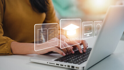 E-learning education concept, internet lessons and online webinar. Person who attends online lessons on a digital screen. Education Technology. video tutorial, Training Seminar Personal development.