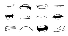 Cartoon Mouth Smile, Happy, Sad Expression Set. Hand Drawn Doodle Mouth, Tongue Caricature Emoji Icon. Funny Comic Doodle Style. Vector Illustration.