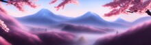 Spring Background In Cartoon Style. Pink And Purple Sakura, Cherry, Magnolia In Bloom. Asian Horizontal Landscape With Lake, Hills, Trees And Flowers. Banner With Copy Space.