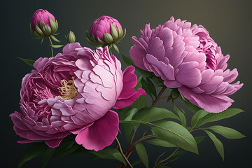 Wall Mural - Delicate peony bouquet. Luxurious flowers on dark background. AI