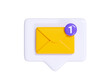 Message notification 3d render - yellow closed envelope with number notice on white speech bubble.