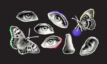 Retro Halftone Collage Elements For Mixed Media Design. Eyes, Butterflies, Nose And Ear In Halftone Texture, Dotted Pop Art Style. Vector Illustration Of Vintage Grunge Punk Crazy Art Templates.
