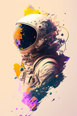 Wall Mural - Modern Illustration with an astronaut in a spacesuit on a background of colored paint in pastel shades. Generative ai