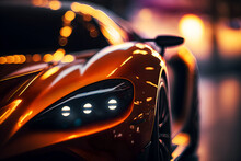 Close Up On Headlight Of A Generic And Unbranded Orange Sport Car, Generative Ai Illustration