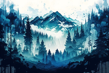 A blue mountain painting, a beautiful landscape hand painting 