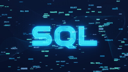 Wall Mural - sql word and sql statements (structured query language) code on a blue background. 3d illustration.