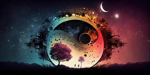 Sticker - music and universe concept in a night sky, generative ai
