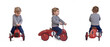 © Curto - front, side and back view of a same baby boy playing and driving a car toy on white background