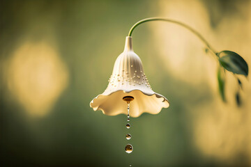 Wall Mural - Beautiful close-up image of a wet white bell flower with fresh spring dew drops. A feeling of harmony and happiness. Generative AI