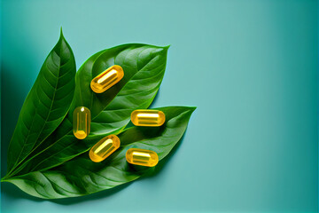 Omega-3 capsules lie on green leaves background. Fish oil tablets. Biologically active additives. AI Generated