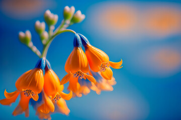 Small, sparkling orange flowers shining in the morning rays. Dynamic image of spring capturing a unique and timeless feeling, against a radiant blue sky. Generative AI