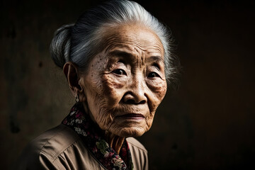 Wall Mural - Asian elderly women portrait on black background. Asian mature lady with confident look on black background, Generative AI illustration.