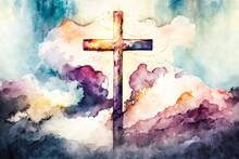 Colorful Watercolor Painting Of A Cross Between The Clouds In The Sky Illuminated By God. Christian And Catholic Religion Painting Artwork Symbol. Easter, Bible And Faith Concepts. Generative AI.