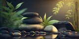 image of bamboo stones and leaves background for wellness spa treatments, generative ai