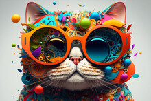 Cartoon Colorful Cat With Sunglasses On White Background. Created With  Generative Ai