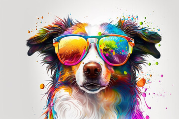 Wall Mural - cartoon colorful dog with sunglasses on white background. created with generative ai