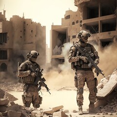 Army special forces soldiers in action during a military operation. Generative AI